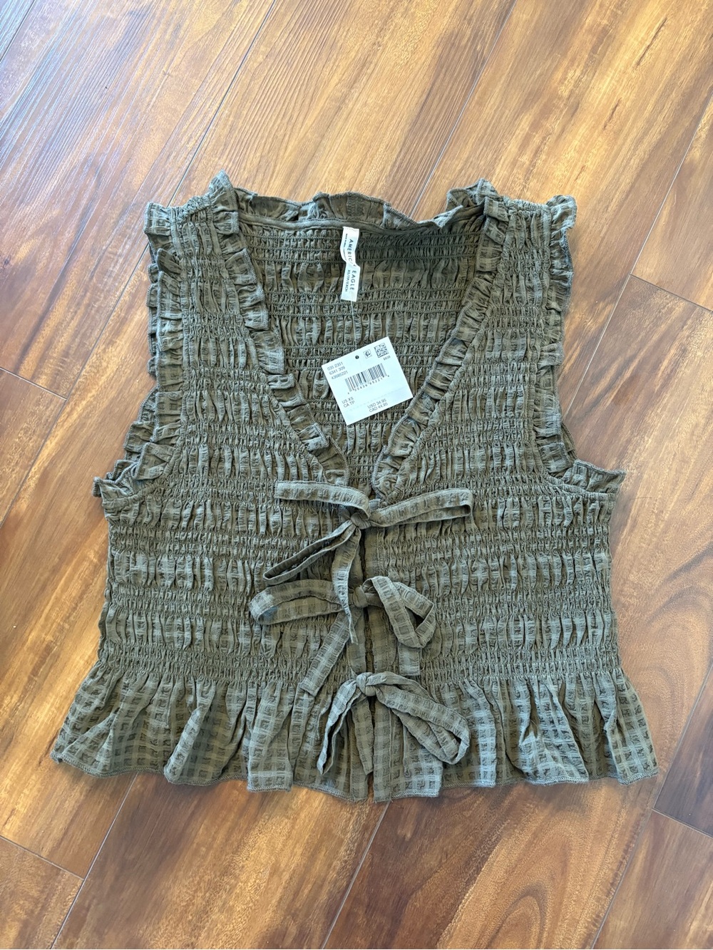 American Eagle Outfitters Olive Smocked Tie-Front Ruffle Tank